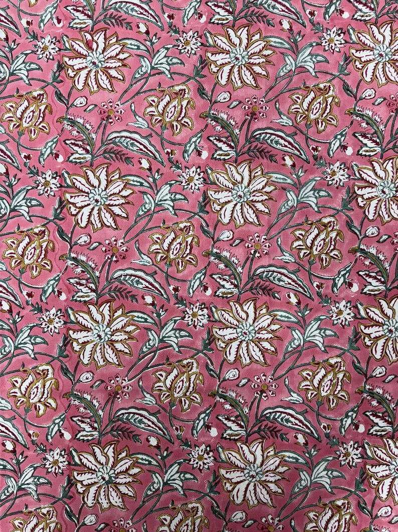 Fabricrush Candy Pink Indian Floral Hand Block Printed Cotton Tablecloth, Dining Table Cover for Farmhouse Party Wedding Home Housewarming Baby Shower