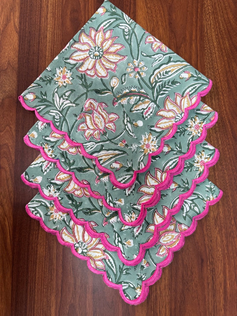 Fabricrush Embroidery Napkins, Viridian Green Indian Floral Hand Block Printed Cotton Cloth Napkins 18X18"- Wedding Home Decor Garden 20X20"- Outdoor Party Events, Gift for her, gifts, Christmas, Thanksgiving