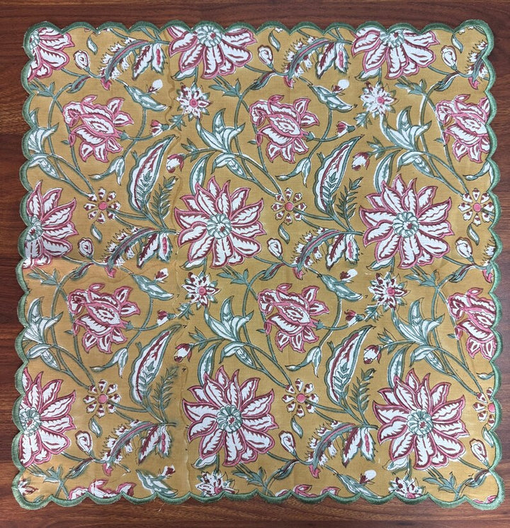 Fabricrush Embroidery Napkins, Biscotti Yellow Indian Floral Hand Block Printed Cotton Cloth Napkins 18X18"- Wedding Home Decor Garden 20X20"- Outdoor Patio, Gift for her, gifts, Christmas, Thanksgiving