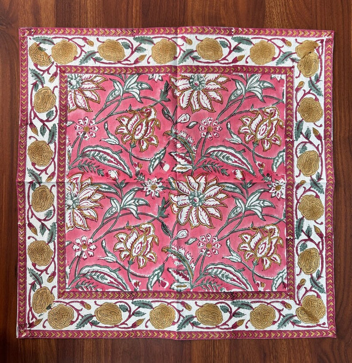 Candy Pink Indian Floral Hand Block Printed Pure Cotton Border Napkins Size 20x20"