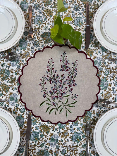 Fabricrush Tablemats, Natural Colour Fabric Floral Embroidery and Scallops Cotton Cloth Place Mats for Weddings Home Room Decor Events Gardens Gifts