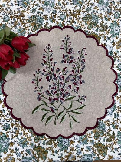Fabricrush Tablemats, Natural Colour Fabric Floral Embroidery and Scallops Cotton Cloth Place Mats for Weddings Home Room Decor Events Gardens Gifts