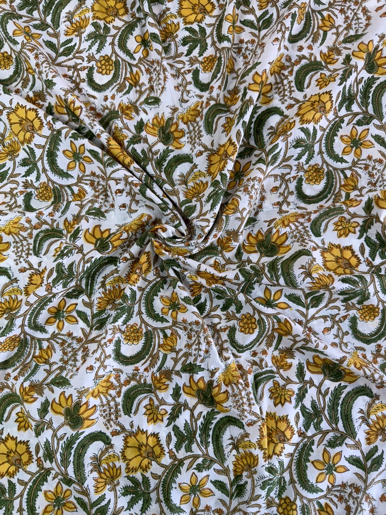 Fabricrush Biscotti Yellow Indian Floral Hand Block Printed Cotton Cloth for Gift Dress Women's Clothing Cushions Curtains Napkins