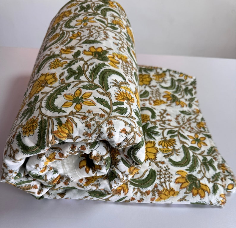 Fabricrush Biscotti Yellow Indian Floral Hand Block Printed Cotton Cloth for Gift Dress Women's Clothing Cushions Curtains Napkins