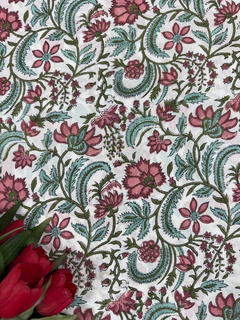 Fabricrush Tulip Pink, Mint Green Indian Floral Hand Block Printed Cotton Cloth for Gift Dress Bags Women's Clothing Cushions Curtains, Valentine's day, Spring, Easter