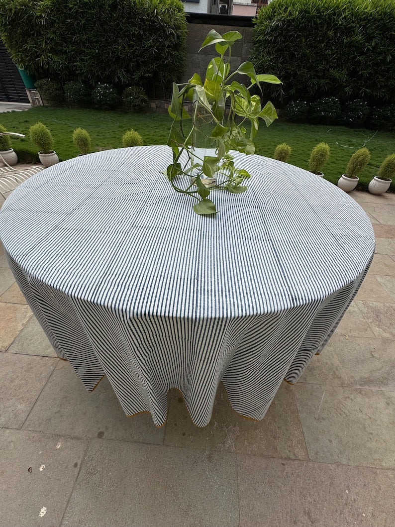 Blue Striped Indian Hand Block Printed Pure Cotton Round Tablecloth, Table Cover for Farmhouse Wedding Party Outdoor Home Decor Gift, Birthday, Anniversary, Him, Her, Mother and Daughter, Valentine's day,  Easter, Spring