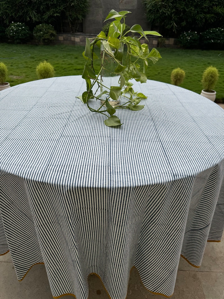 Blue Striped Indian Hand Block Printed Pure Cotton Round Tablecloth, Table Cover for Farmhouse Wedding Party Outdoor Home Decor Gift, Birthday, Anniversary, Him, Her, Mother and Daughter, Valentine's day,  Easter, Spring