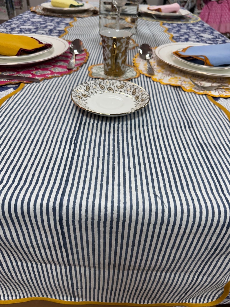 Fabricrush Blue Stripe with Yellow Piping Indian Floral Hand Block Printed Cotton Cloth Table Runners for Wedding Events Room Home Decor Party Gifts