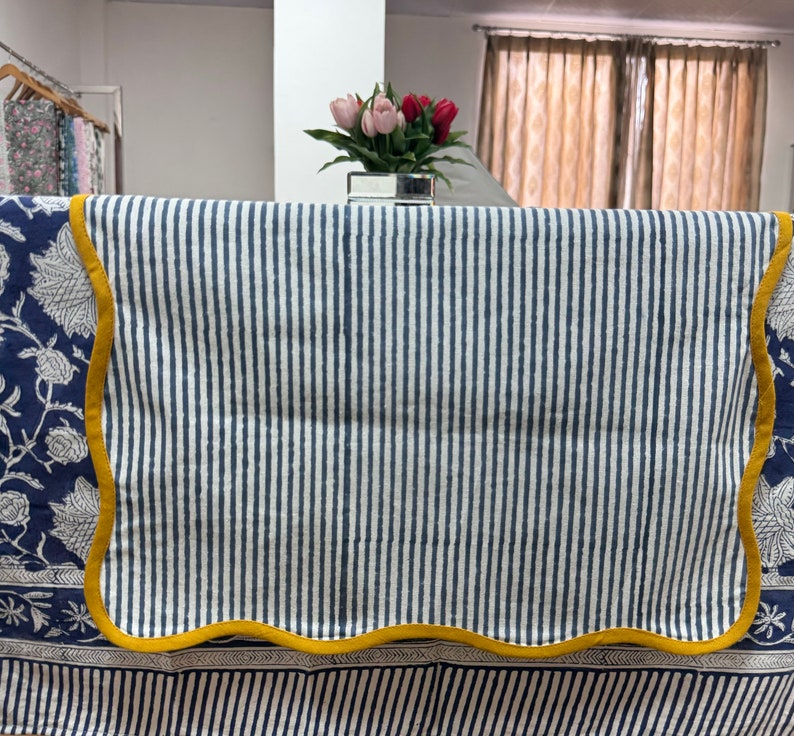 Fabricrush Blue Stripe with Yellow Piping Indian Floral Hand Block Printed Cotton Cloth Table Runners for Wedding Events, Room Home Decor, Party, Gift for her