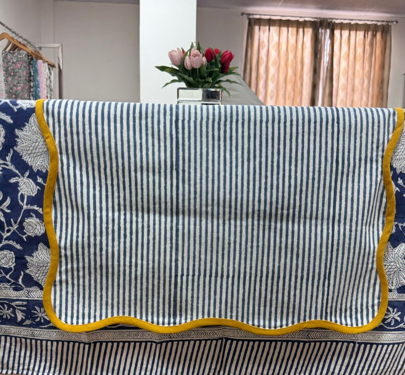 Fabricrush Blue Stripe with Yellow Piping Indian Floral Hand Block Printed Cotton Cloth Table Runners for Wedding Events Room Home Decor Party Gifts