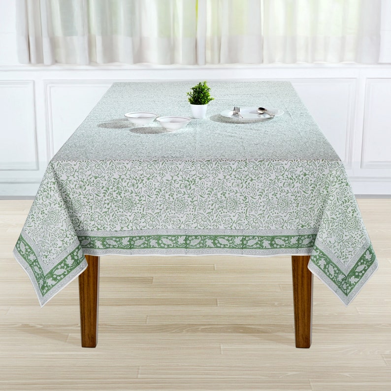 Sage Green Jaal Indian Floral Hand Block Printed Cotton Tablecloth