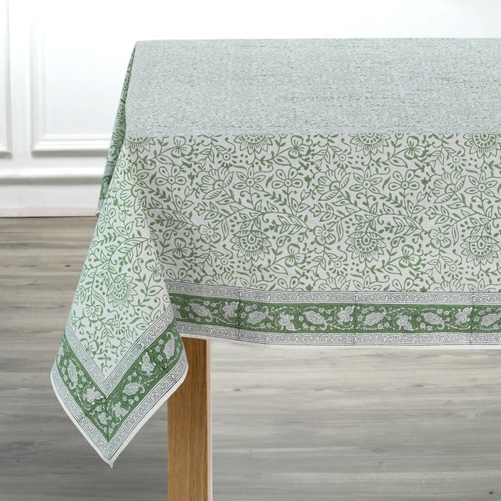 Sage Green Jaal Indian Floral Hand Block Printed Cotton Tablecloth