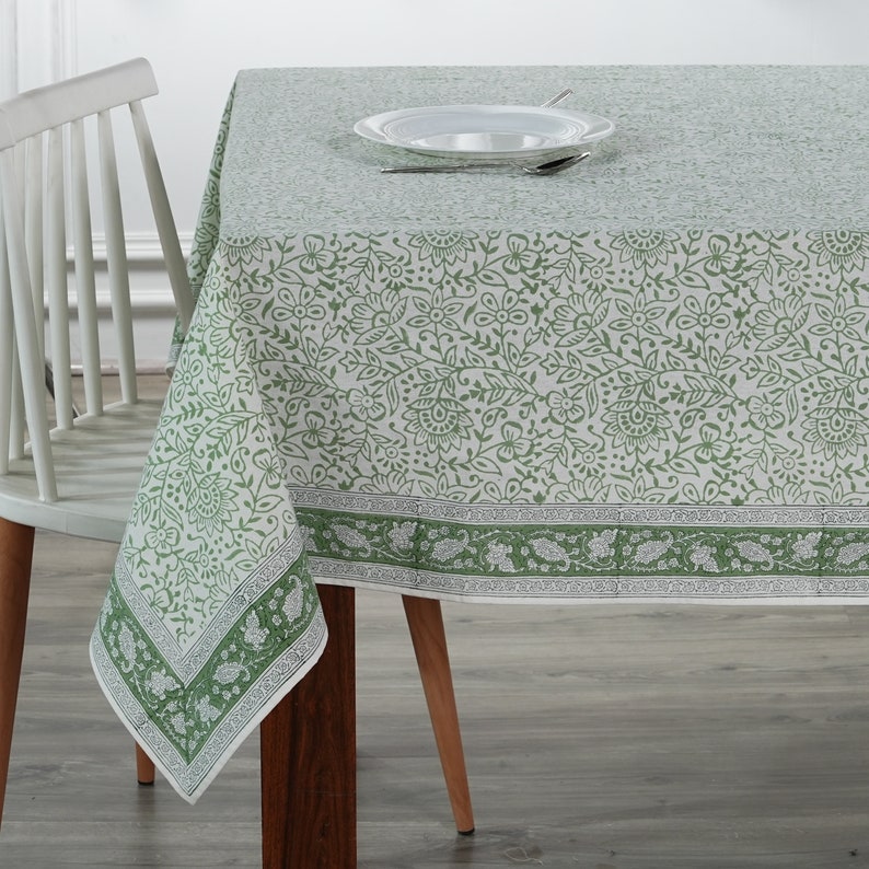 Sage Green Jaal Indian Floral Hand Block Printed Cotton Tablecloth