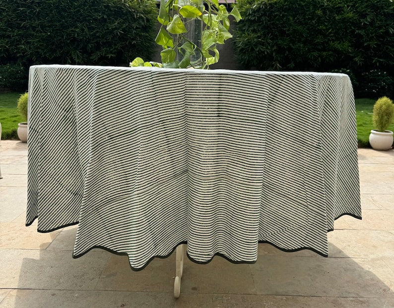 Fabricrush Green Striped Indian Hand Block Printed Pure Cotton Cloth Round Tablecloth, Table Cover for Farmhouse Wedding Party Outdoor Home Decor Gifts