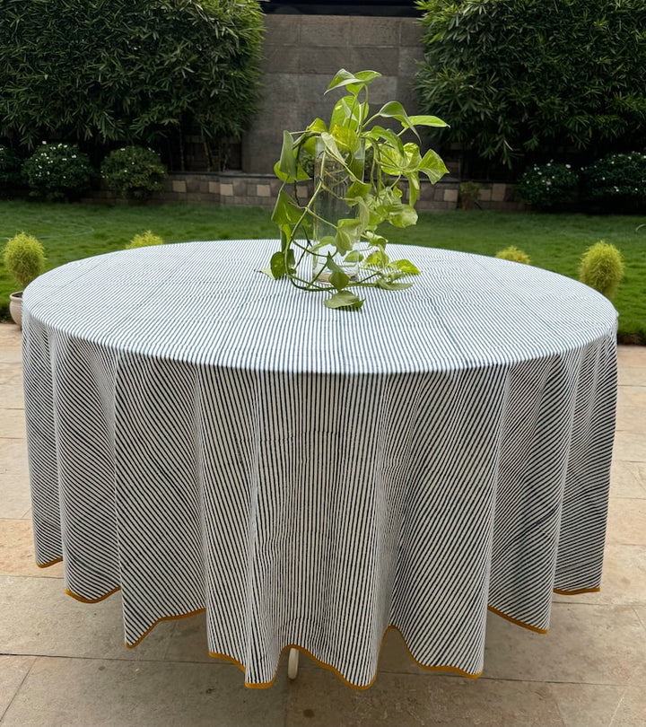 Blue Striped Indian Hand Block Printed Pure Cotton Round Tablecloth, Table Cover for Farmhouse Wedding Party Outdoor Home Decor Gift, Birthday, Anniversary, Him, Her, Mother and Daughter, Valentine's day,  Easter, Spring