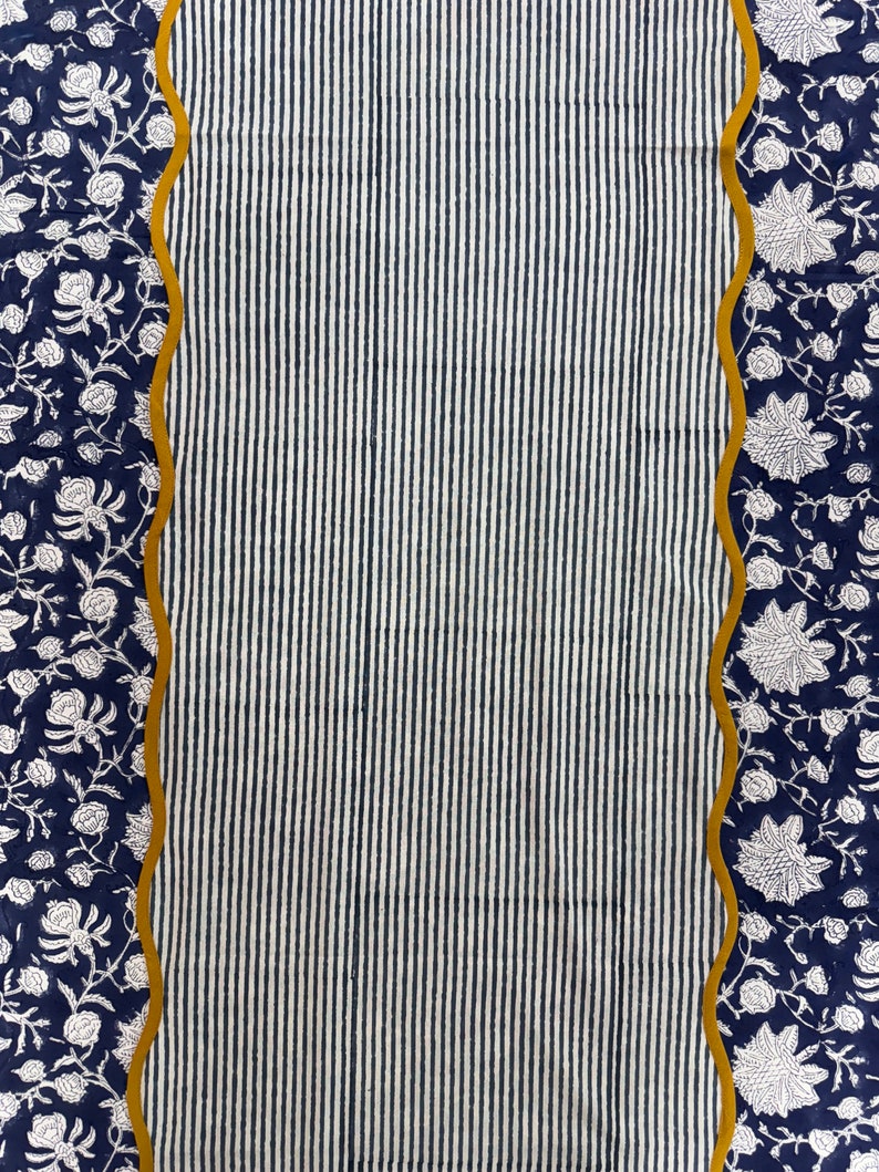 Fabricrush Blue Stripe with Yellow Piping Indian Floral Hand Block Printed Cotton Cloth Table Runners for Wedding Events, Room Home Decor, Party, Gift for her