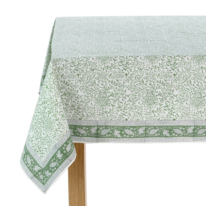 Sage Green Jaal Indian Floral Hand Block Printed Cotton Tablecloth