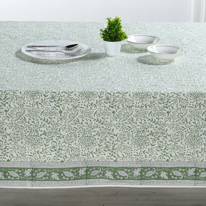 Sage Green Jaal Indian Floral Hand Block Printed Cotton Tablecloth