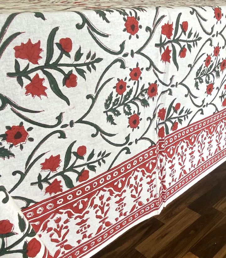 Ruby Red And Emerald Green Indian Floral Hand Block Printed Cotton Tablecloth