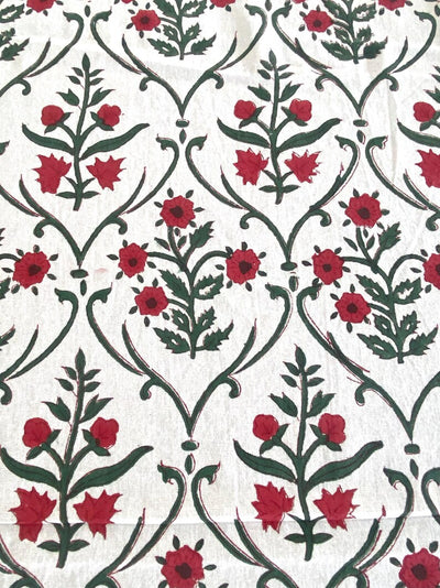 Fabricrush Ruby Red And Emerald Green Indian Floral Hand Block Printed Cotton Table Cover, French Tablecloth for Wedding Events, Home Decor, Room Decor, Gift for her, gifts, Halloween, Christmas, Thanksgiving