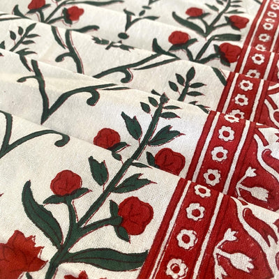 Fabricrush Ruby Red And Emerald Green Indian Floral Hand Block Printed Cotton Table Cover, French Tablecloth for Wedding Events, Home Decor, Room Decor, Gift for her, gifts, Halloween, Christmas, Thanksgiving