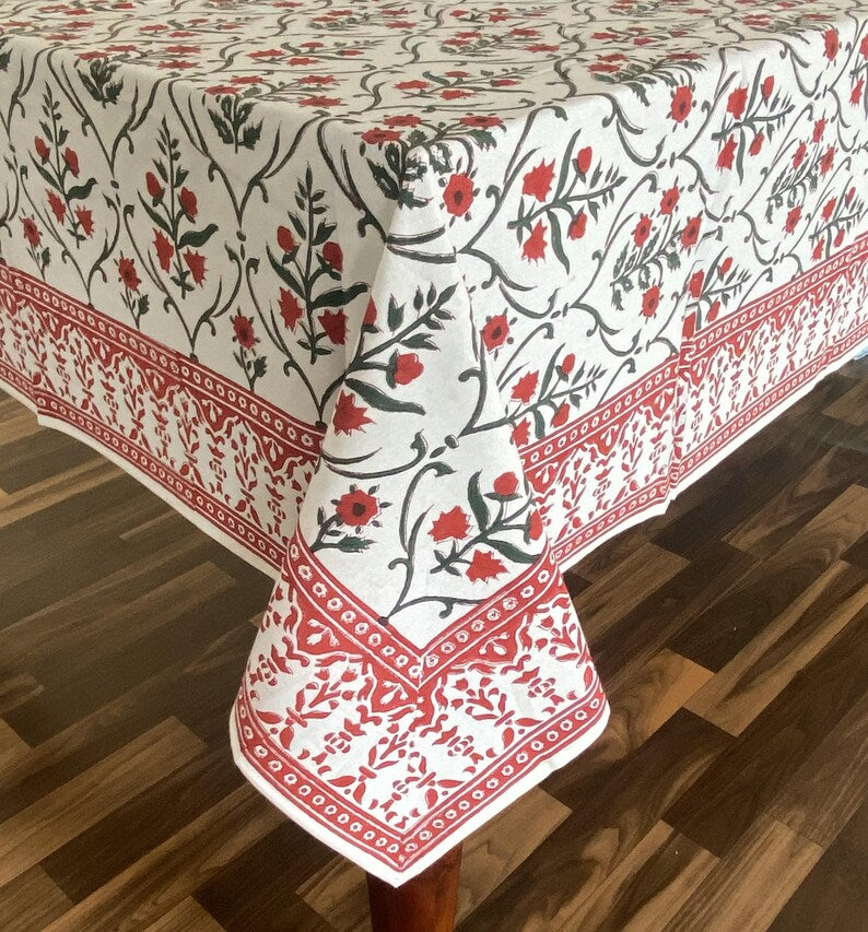 Fabricrush Ruby Red And Emerald Green Indian Floral Hand Block Printed Cotton Christmas Table Cover, French Tablecloth for Wedding Events, Home Decor, Room Decor, Gift for her, gifts