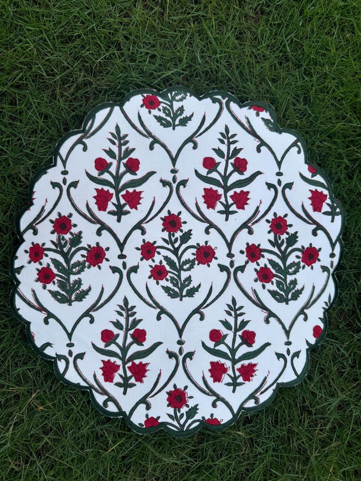 Fabricrush Ruby Red and Emerald Green Tablemats, Indian Floral Hand Block Printed and Embroidered Cotton Cloth Placemats, Home Decor Wedding Event Gift