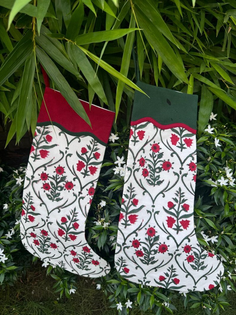 Fabricrush Ruby Red Indian Floral Hand Block Printed Cotton Cloth Christmas Stocking, Christmas Decor, Handmade Decor, Set of 2,4,6,8,10, BOHO, Gifts