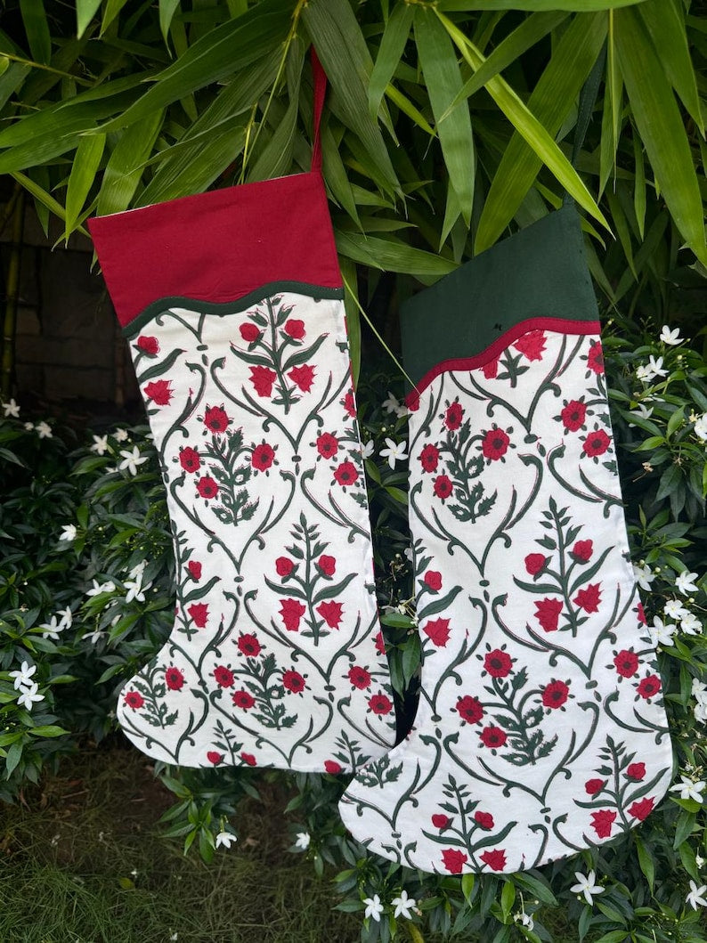 Fabricrush Ruby Red Indian Floral Hand Block Printed Cotton Cloth Christmas Stocking, Christmas Decor, Handmade Decor, Set of 2,4,6,8,10, BOHO, Gifts