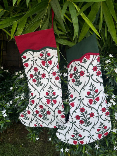 Fabricrush Ruby Red Indian Floral Hand Block Printed Cotton Cloth Christmas Stocking, Christmas Decor, Handmade Decor, Set of 2,4,6,8,10, BOHO, Gifts