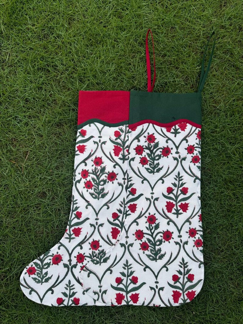 Fabricrush Ruby Red Indian Floral Hand Block Printed Cotton Cloth Christmas Stocking, Christmas Decor, Handmade Decor, Set of 2,4,6,8,10, BOHO, Gifts