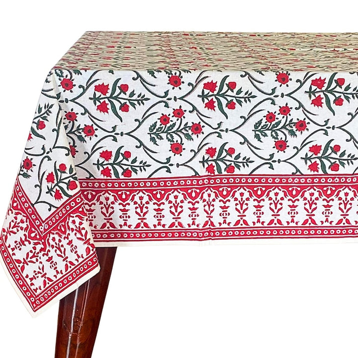 Ruby Red And Emerald Green Indian Floral Hand Block Printed Cotton Tablecloth