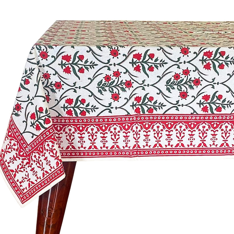 Fabricrush Ruby Red And Emerald Green Indian Floral Hand Block Printed Cotton Table Cover, French Tablecloth for Wedding Events, Home Decor, Room Decor, Gift for her, gifts, Halloween, Christmas, Thanksgiving