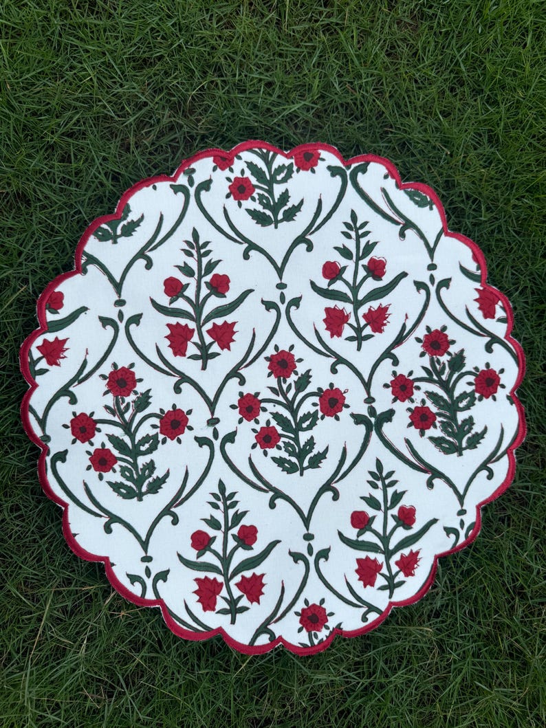 Fabricrush Ruby Red and Emerald Green Tablemats, Indian Floral Hand Block Printed and Embroidered Cotton Cloth Placemats, Home Decor Wedding Event Gift