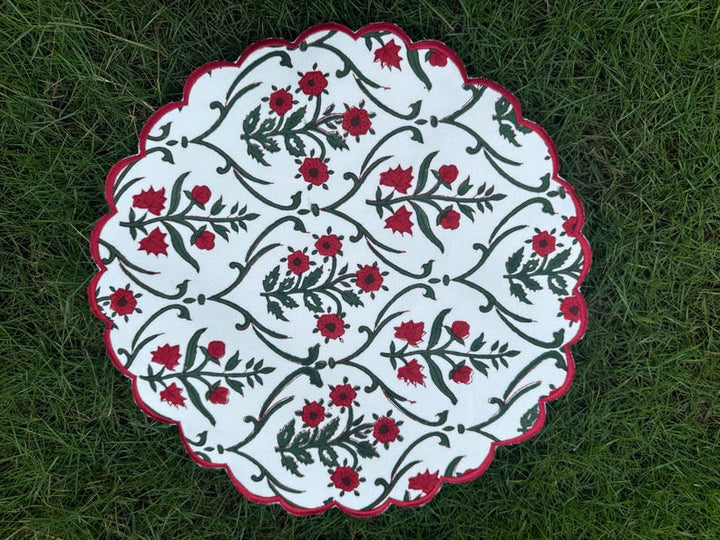 Fabricrush Ruby Red and Emerald Green Tablemats, Indian Floral Hand Block Printed and Embroidered Cotton Cloth Placemats, Home Decor Wedding Event Gift