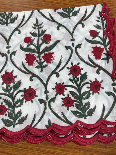 Fabricrush Ruby Red and Emerald Green Napkins Embroidery Scallops, Indian Floral Hand Block Printed Cotton Cloth Napkins Wedding Decor Event Home Party