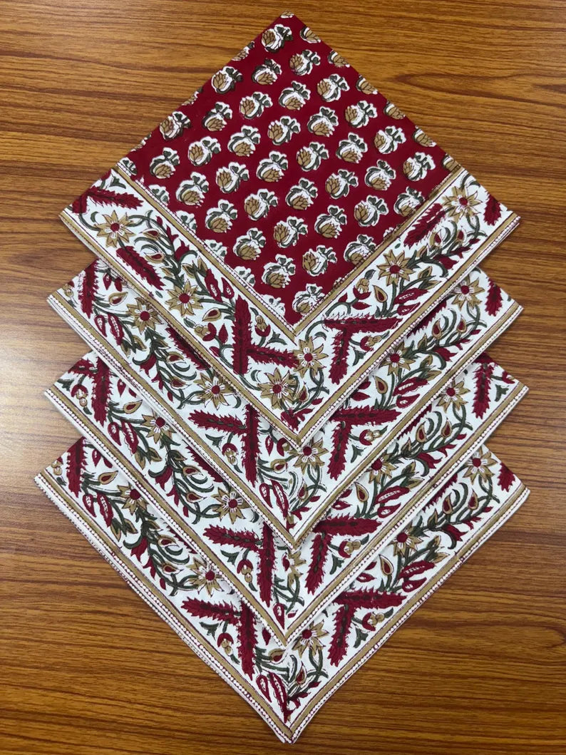 Chocolate Cosmos Red Indian Floral Hand Block Printed Cotton Cloth Napkins Size 20x20