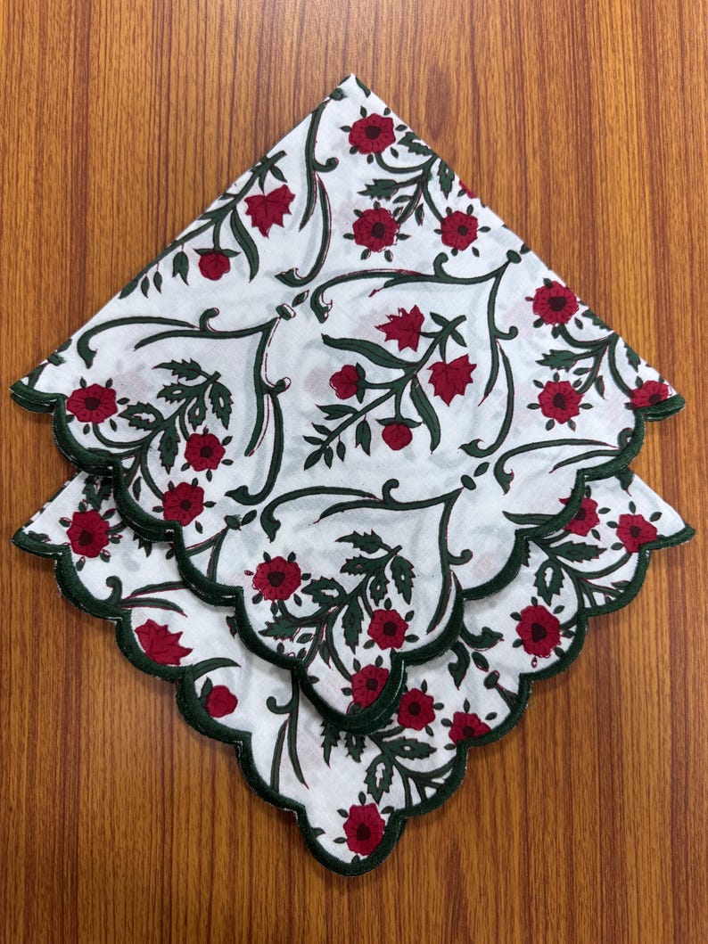 Ruby Red and Emerald Green Scallop Embroidery Napkins