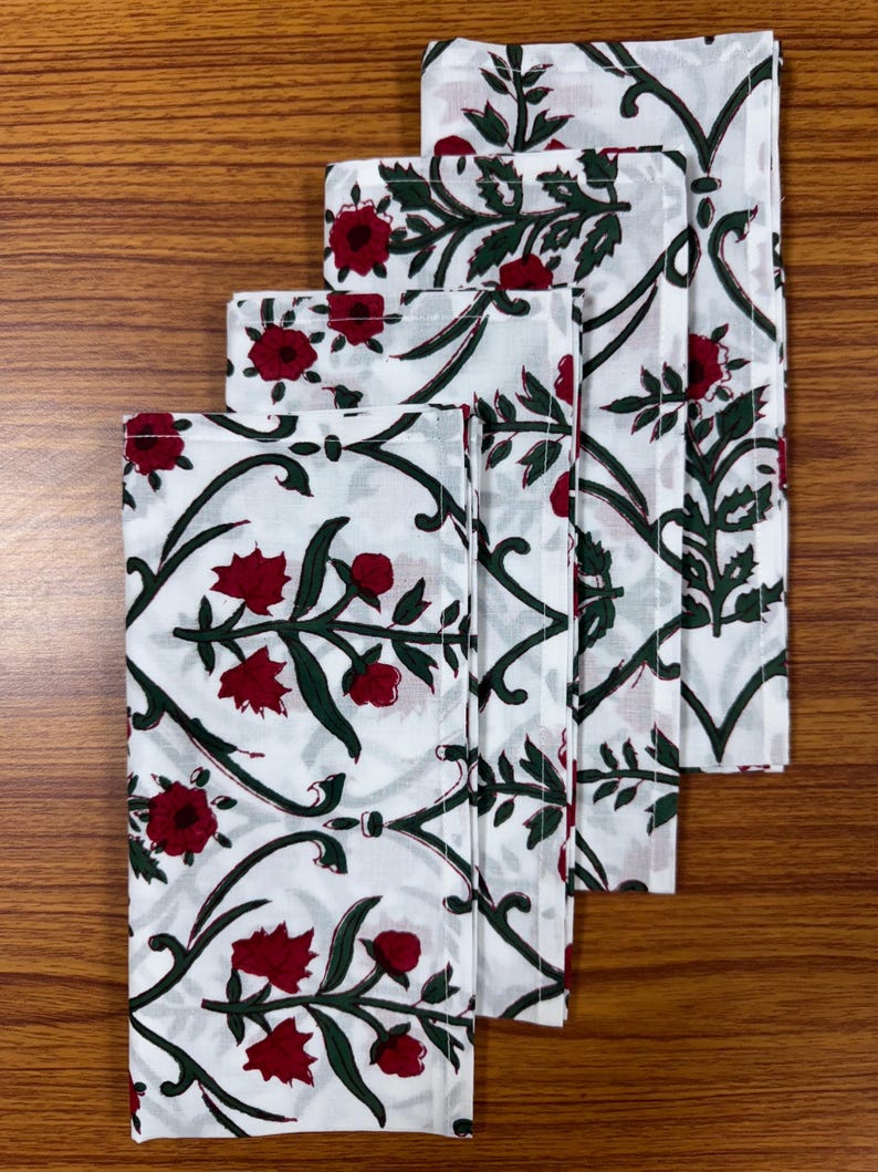 Fabricrush Napkins, Ruby Red and Emerald Green Indian Floral Hand Block Printed Cotton Cloth Napkins 20x20" Wedding Decor Event Home Party Outdoor Gift