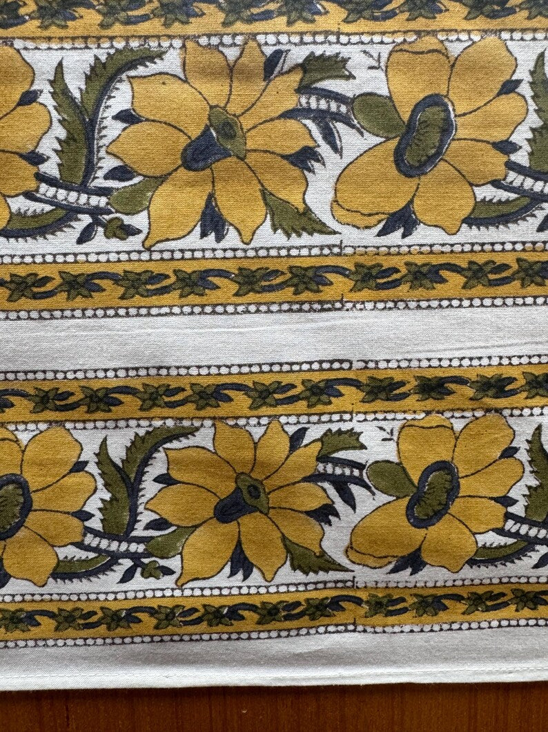 Fabricrush Golden Yellow, Moss Green Indian Hand Block Printed Cotton Cloth Floral Tablecloth, Table Cover for Wedding Events Home Decor Outdoor Garden