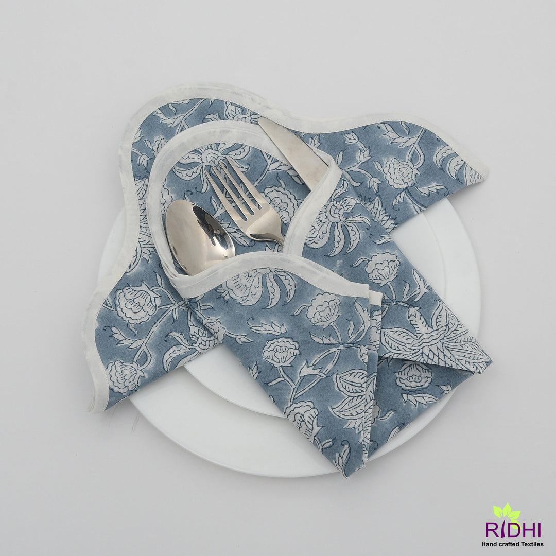 Airforce Blue and White Indian Hand Block Printed Floral Cotton Piping Napkins