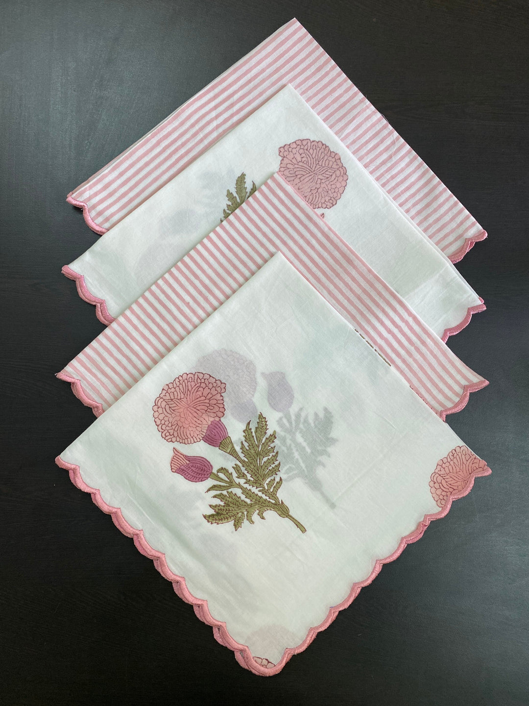 Salmon and Thulian Pink, Moss Green Mix and Match Indian Floral Hand Block Print Cotton Embroidery Napkins