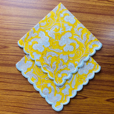 Saffron Yellow and White Floral Indian Hand Block Printed Cotton Cloth Napkins, Wedding Events Home Party, 9x9"- Cocktail 20x20"- Dinner
