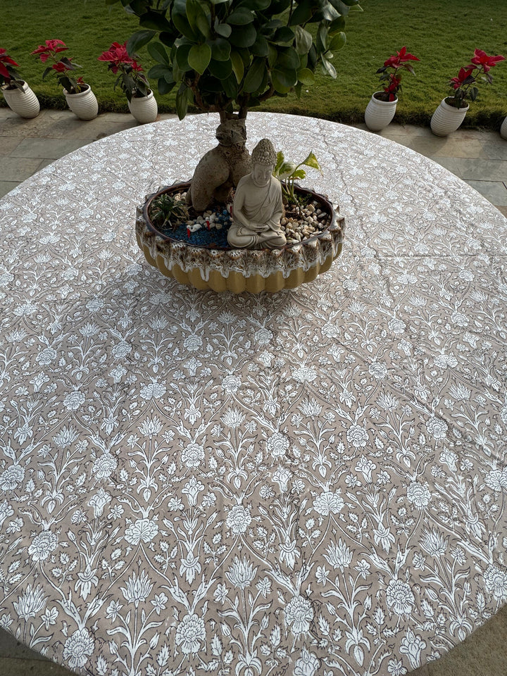 Taupe Indian Floral Hand-Block Printed Cotton Round Tablecloth