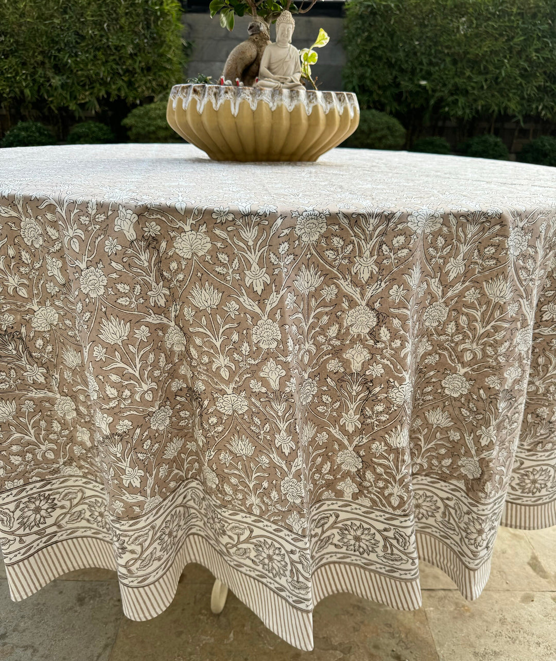 Taupe Indian Floral Hand-Block Printed Cotton Round Tablecloth