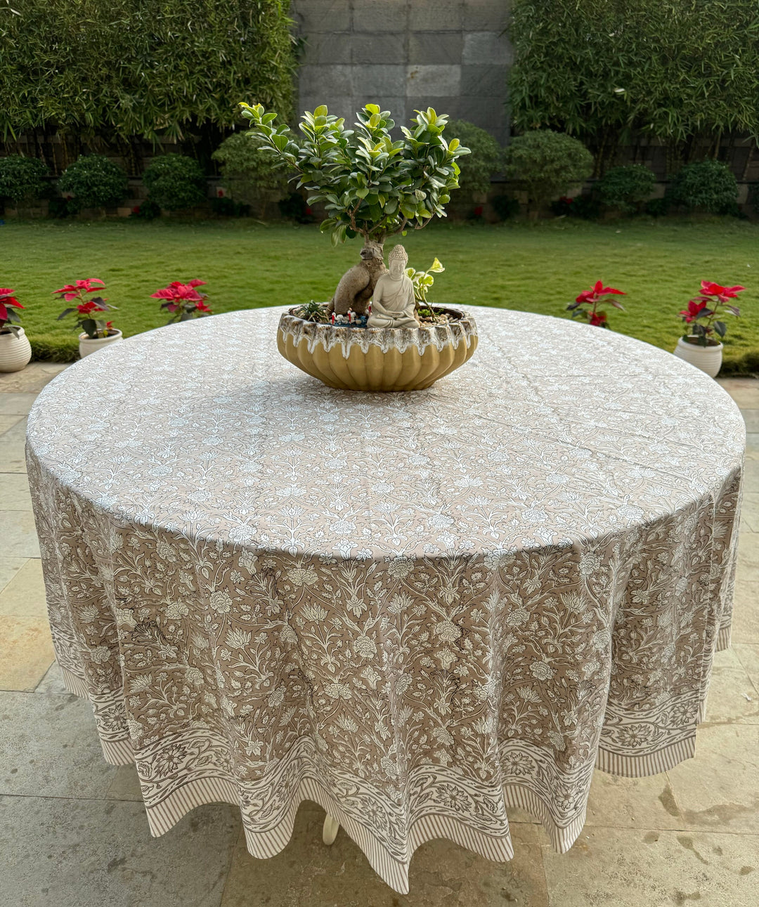 Taupe Indian Floral Hand-Block Printed Cotton Round Tablecloth