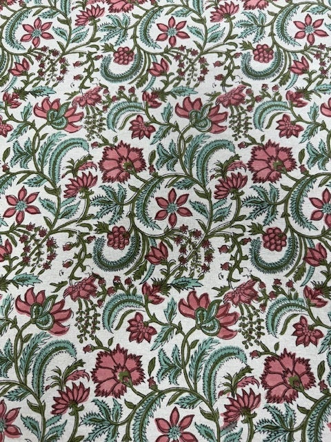 Fabricrush Tablecloth, Tulip Pink, Mint Green Indian Hand Block Floral Printed Cotton Table Cover, Table Top, French Tablecloth, Wedding Home Fall Bar