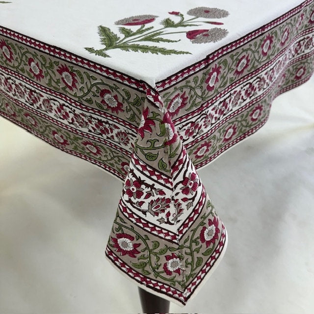 Dark Vanilla Indian Floral Hand Block Printed Cotton Tablecloth