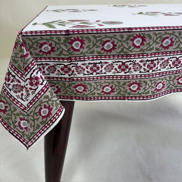 Fabricrush Dark Vanilla, Pickle Green, Fuchsia Indian Hand Block Floral Printed Cotton Table Cover, Table Top, French Tablecloth, Wedding, Custom Table Cloth, Gift for her, gifts, Christmas decor, Christmas