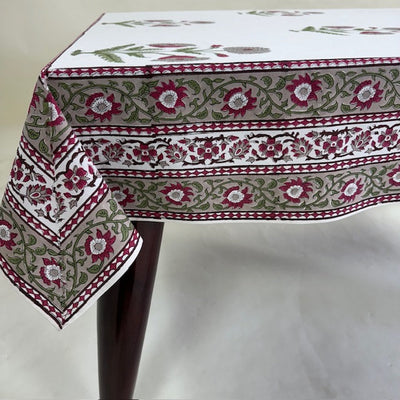 Fabricrush Dark Vanilla, Pickle Green, Fuchsia Indian Hand Block Floral Printed Cotton Table Cover, Table Top, French Tablecloth, Wedding